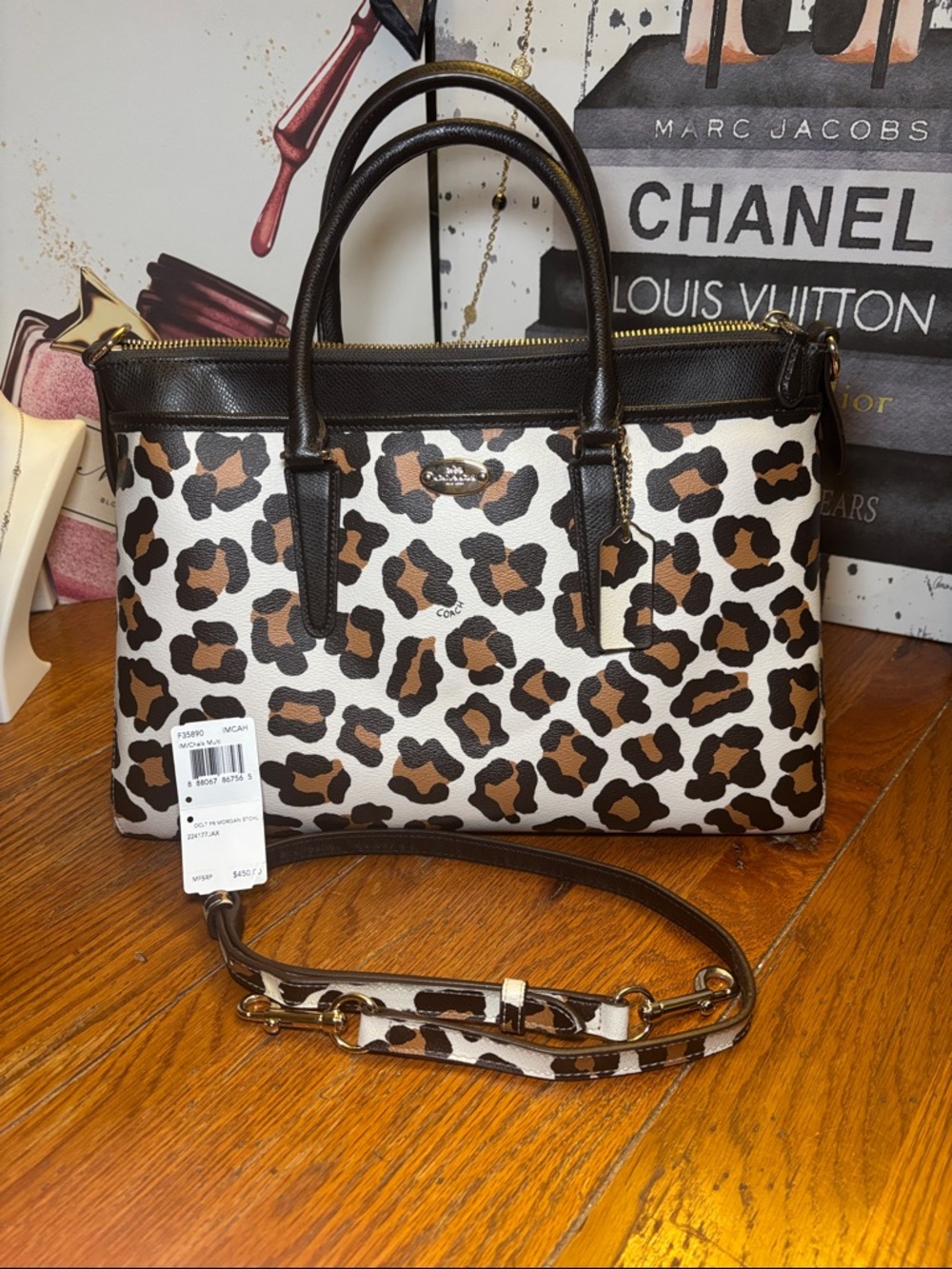 Coach Morgan Satchel F35890 Ocelot Leopard Print Chalk Multi Leather Trim Tote